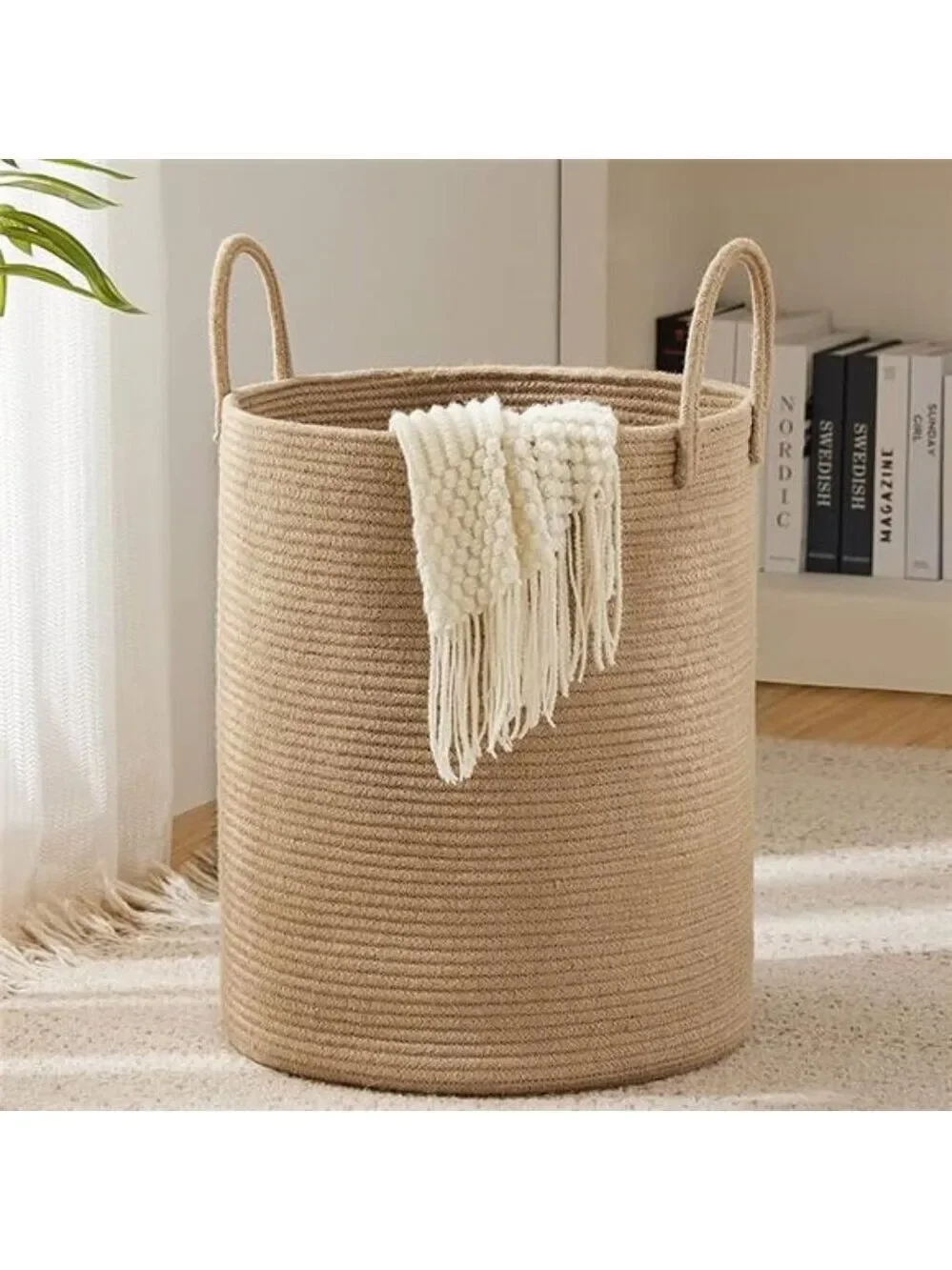 Large Jute Rope Laundry Basket 58L Tall Woven Hamper Storage for Bedroom